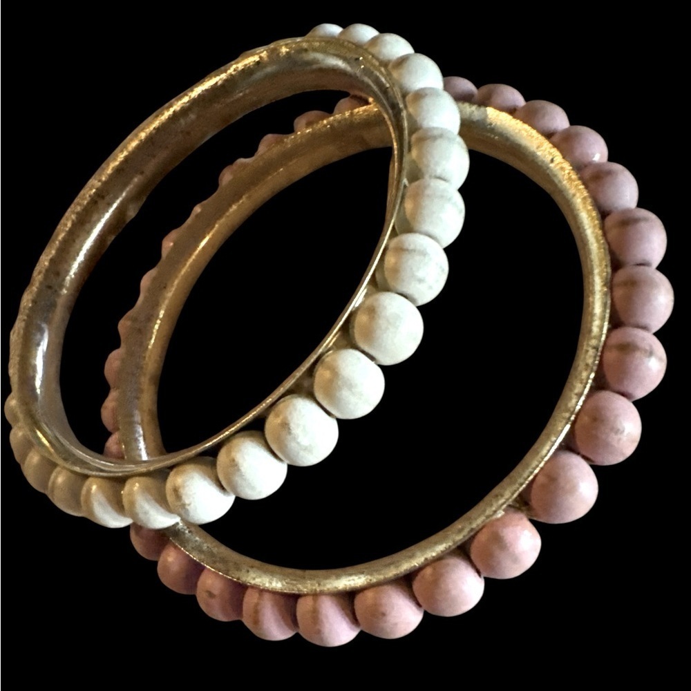 Elegant Gold Tone Cream and Pink Beaded Bangles